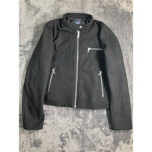 GAP Black Heavy Wool Crop Moto Biker Jacket with Zippers Pockets - Size Large